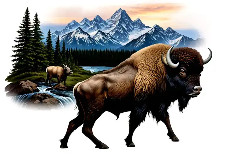 mountains, trees, streams, ram, bison tattoo design idea
