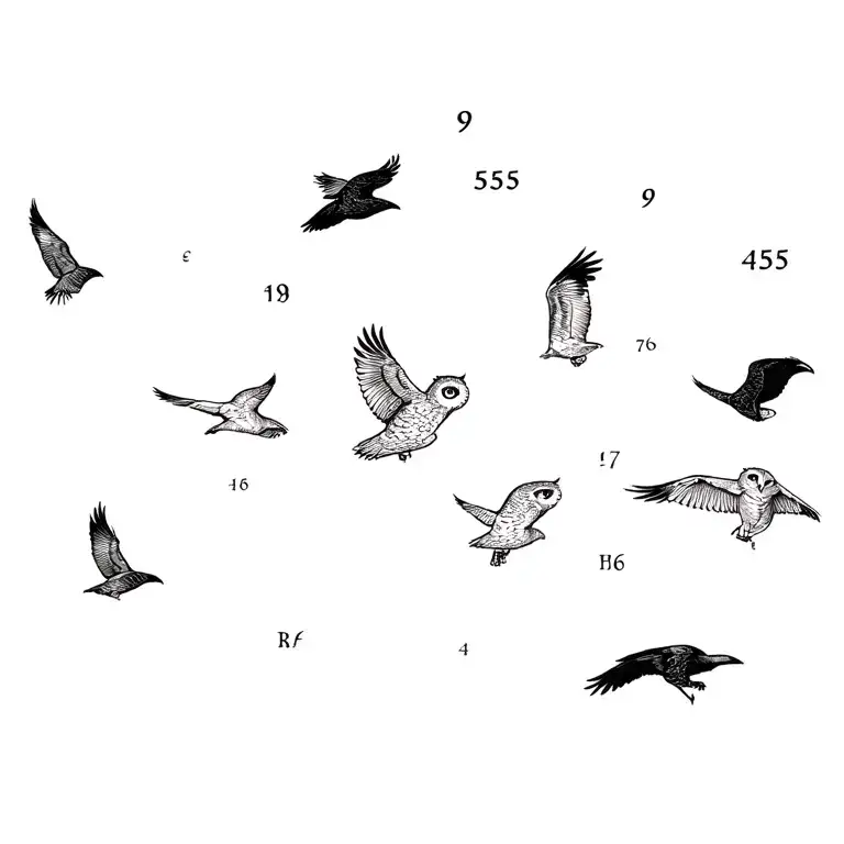 Owls, number 9, 555, 4576, and ravens flying tattoo design idea