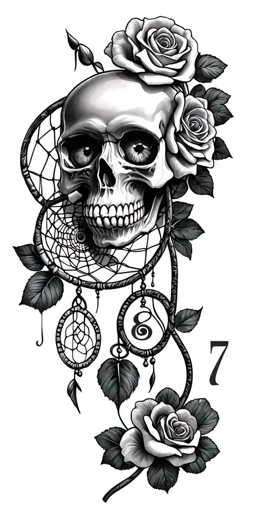 skull, roses, dreamcatcher, clover,  pythons eye with number 7 and 8 tattoo design idea