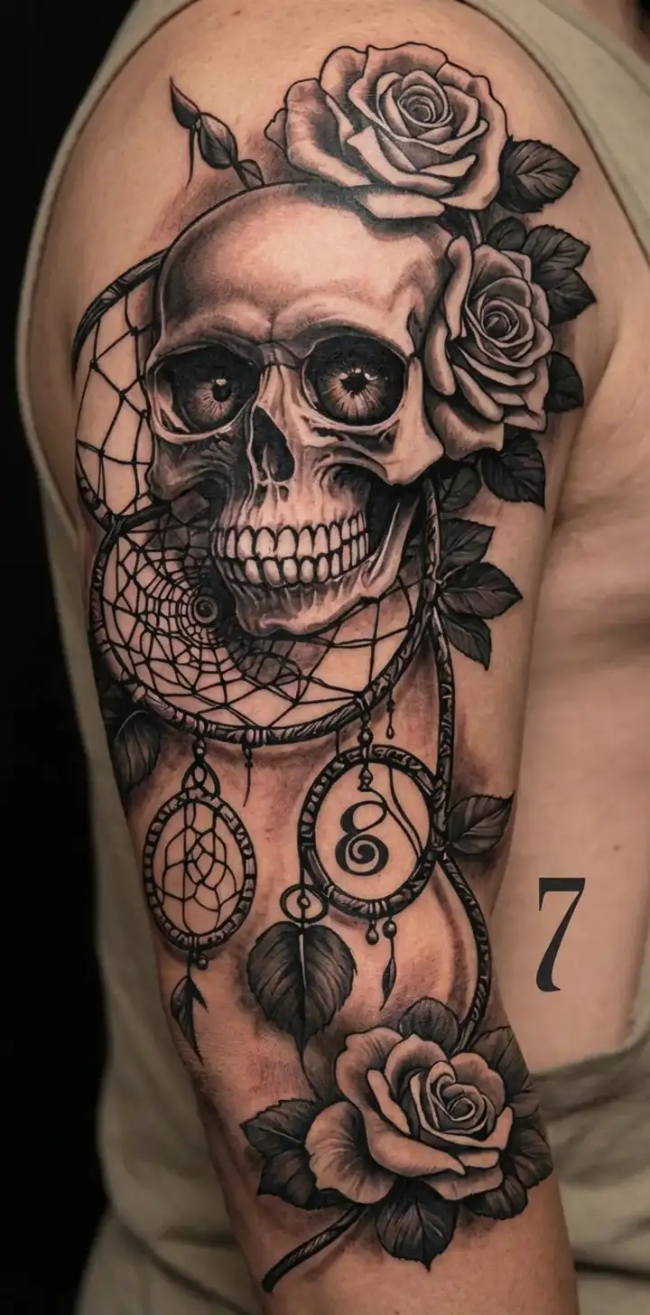 skull, roses, dreamcatcher, clover,  pythons eye with number 7 and 8 tattoo design idea