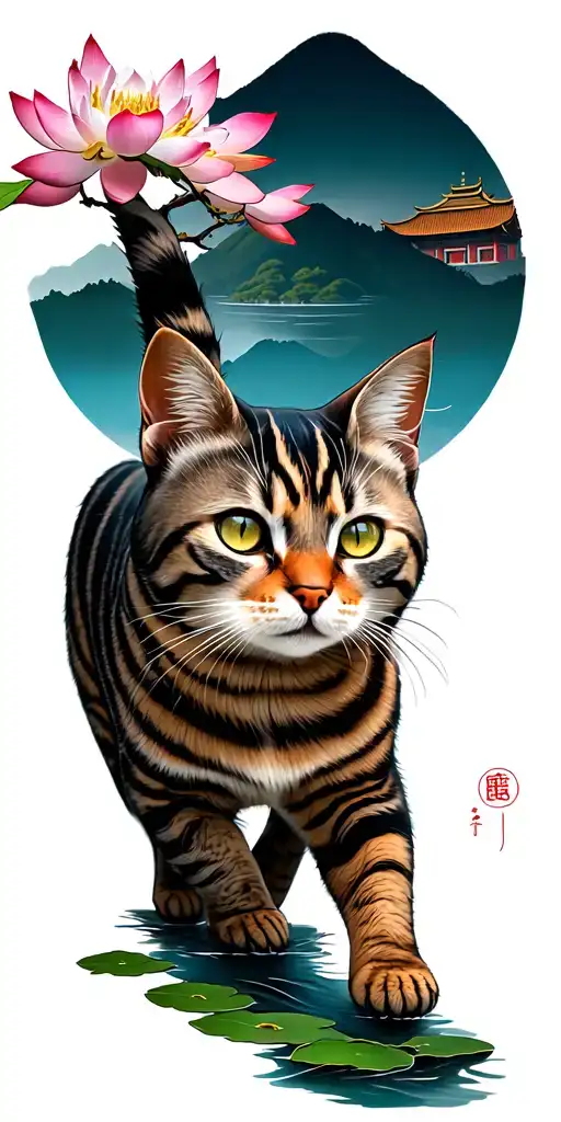 A striped cat walking along the mountain Taishan, at the top of the Chinese temple, at the foot of the river with lotuses, Sakura tattoo design idea