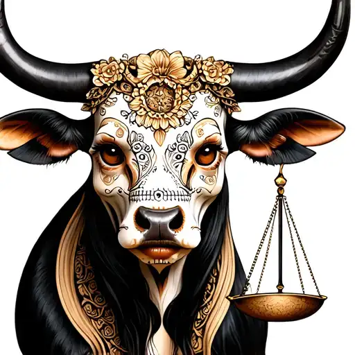 feminine bull with sugar skull markings, brown eyes and two Libra scales and dark background tattoo design idea