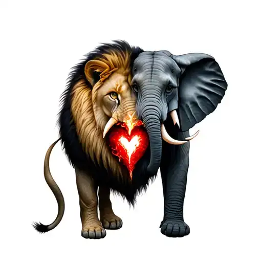 feminine lion with a hole in her chest showing a masculine elephant instead of a heart  tattoo design idea