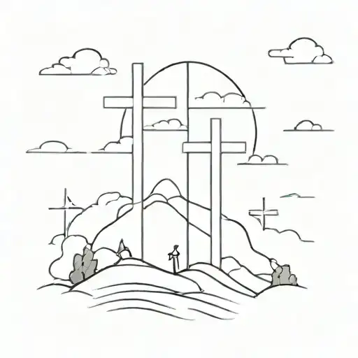 3 crosses on a hill with the middle one sticking out more (replica of Jesus dying story)  with clouds  tattoo design idea