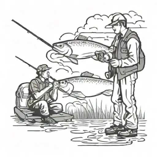 beers, smoking weed. fishing scene with nephew in Scotland. in memory of Uncle Robert. no facial hair. catching a salmon tattoo design idea