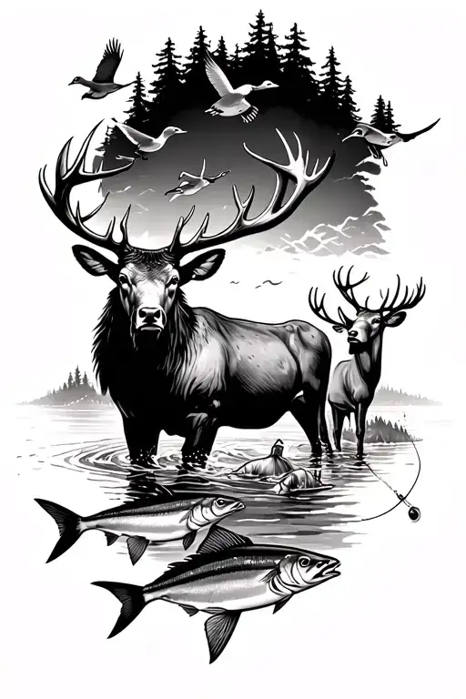 elk and deer with ducks flying faded into a fishing scene with mahi mahi and tuna  tattoo design idea