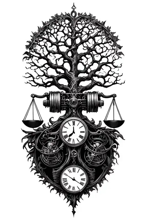 gothic tree of life intertwined with v-twin motor, libra scales and a clock Sagittarius  tattoo design idea