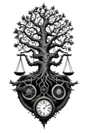 gothic tree of life intertwined with v-twin motor, libra scales and a clock Sagittarius  tattoo design idea
