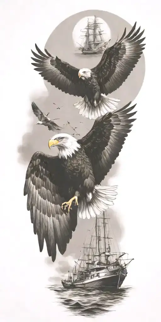 an eagle flying over boats tattoo design idea