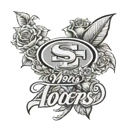 name moody with 49ers logo and flowers tattoo design idea