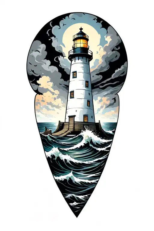Lighthouse old school with stormy seas tattoo design idea