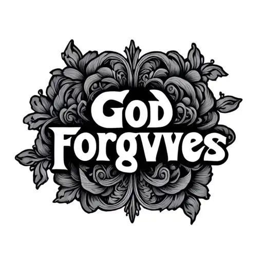 black and white “GOD FORGIVES” and filigree design around the word tattoo design idea