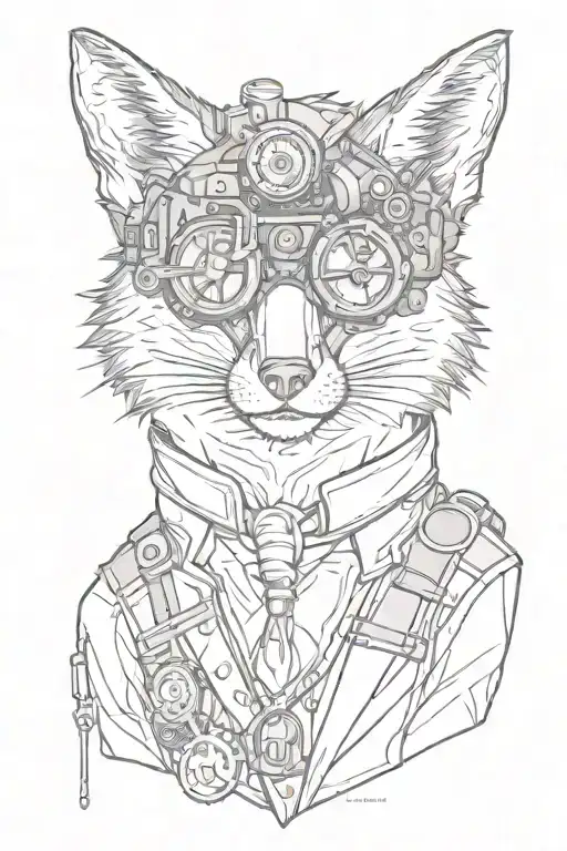 STEAMPUNK FOX WITH GOGGLES TATTOO SOLID BLACK WORK LINE WORK SIMPLE LINES WITH SMALL AMOUNT OF SHADING tattoo design idea