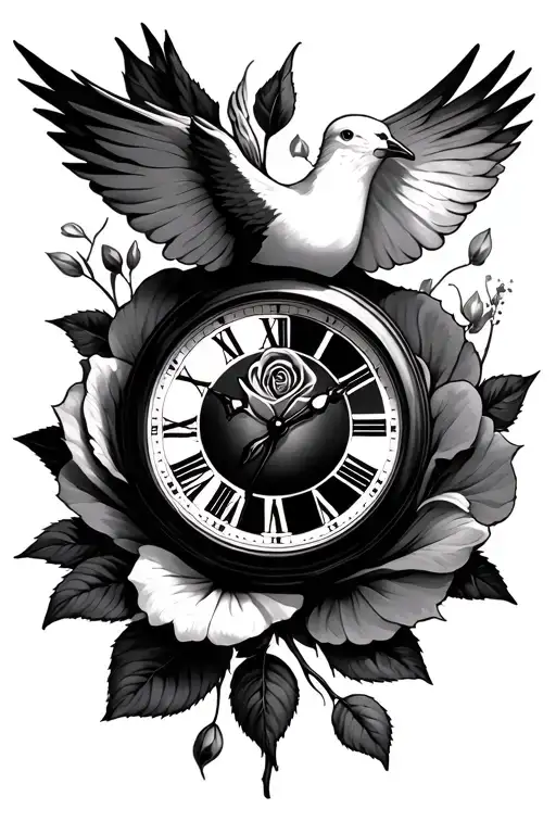 rose clock and dove tattoo design idea