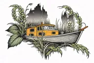 boat tied to a dock with grass in background black tattoo design idea