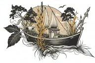 boat tied to a dock with grass in background black tattoo design idea
