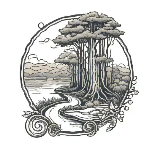 Create a tattoo of a forest path (erdő ösvénnyel) leading to a lucky charm symbol (szerencse motívum) to symbolize new beginnings in your marriage (házasság) tattoo design idea