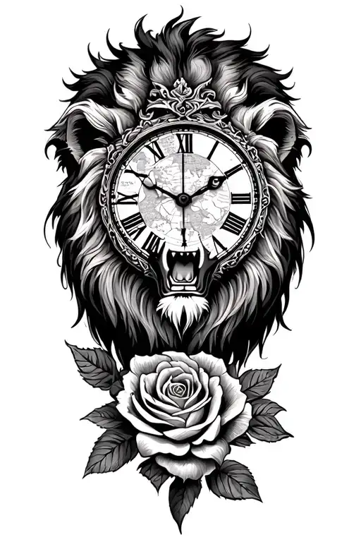 lion, roses, clock, map tattoo design idea