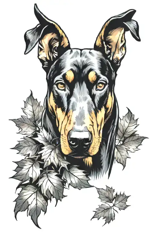  Doberman Floppy ears with oak and maple leaves falling tattoo design idea