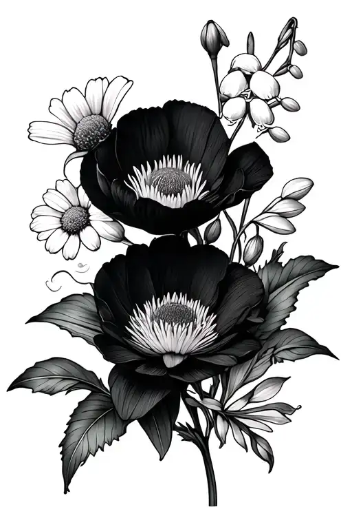 violet, iris, primrose, daisy, sweet pea, lily of the valley, Hawthorne, larkspur, water lily, gladiolus, poppy, aster tattoo design idea