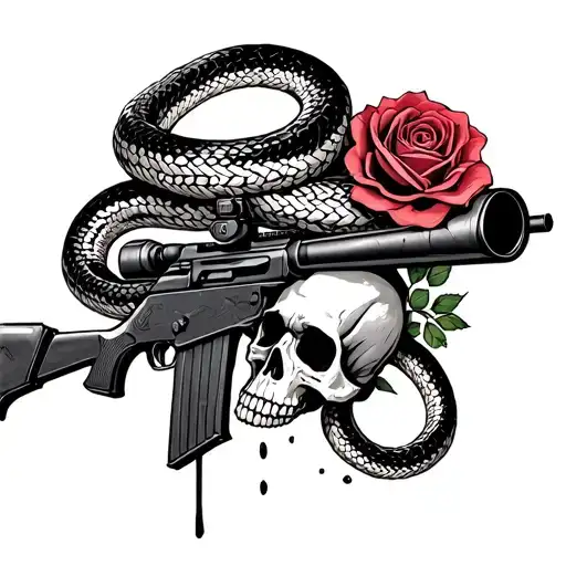 sniper-rifle  with snake wraped around it the rifle is shooting a skull with a rose coming out of bullet hole rose tattoo design idea