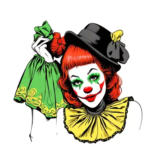 Traditional style clown, tattoo girl, very sexy, red hair, short bangs, little hat, green, make up yellow dress  tattoo design idea