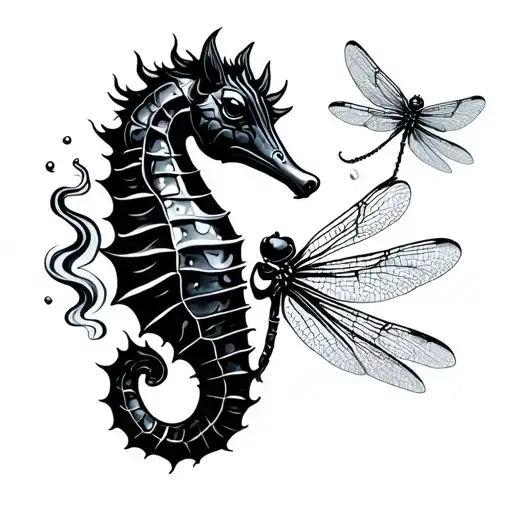 a black trippy seahorse smoking a dragonfly kicked back relaxing tattoo design idea