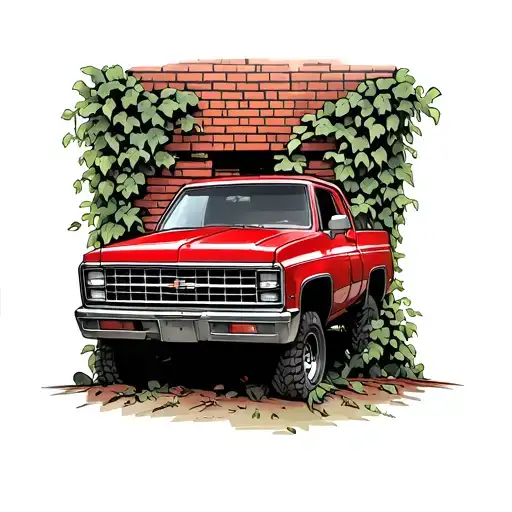 I want a wagon weele that looks like its leaning on a brick wall with vines around it and a tiny small 1978 red chevy tattoo design idea