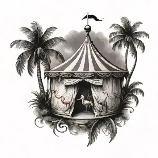 circus tent with palm trees and flamingos  tattoo design idea
