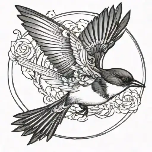 Flying willy wagtail. Summoning circle surrounding tattoo design idea