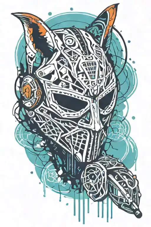 fox with a floorball goalie mask holding tattoo design idea