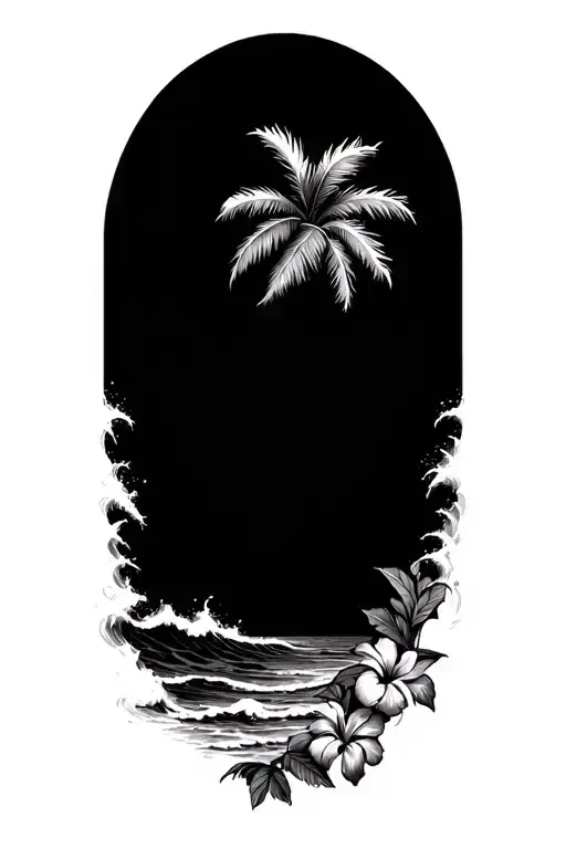 ocean waves crashing on beach with palm and hibiscus vine on bottom right tattoo design idea
