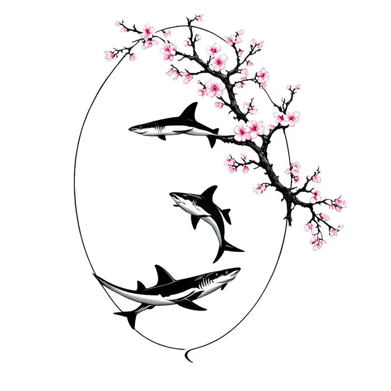 overhead view of sharks swimming with a cherry blossom branch tattoo design idea