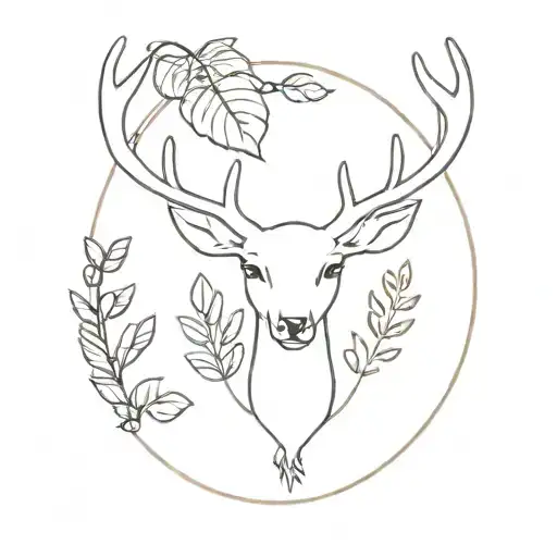 small flash tattoo with deer antlers a sun and monstera leaves, cutesy vibes tattoo design idea