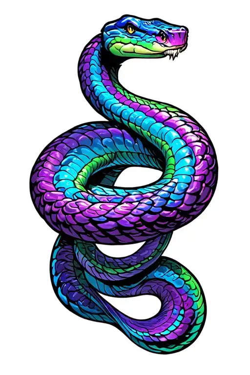 multichromatic purple blue and green snake wrapped around arm tattoo design idea