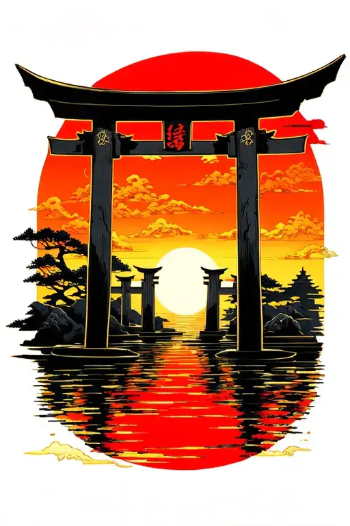 Traditional Japanese Irezumi style torii gate tattoo design, bold black outlines, red and yellow sunset gradient backgro tattoo design idea