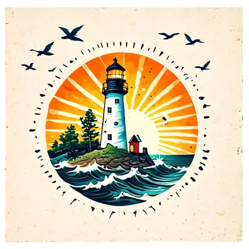 lighthouse, sun shining, sea and some birds flying away tattoo design idea