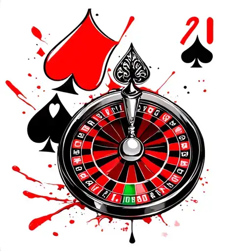 spade of jack and club of jack next to a roulette wheel that has the ball landing in the number 20 tattoo design idea