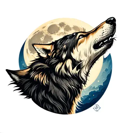In the style of realism, a fierce wolf howling at the moon as a tattoo in the crook of the leg. with a pocket watch  tattoo design idea