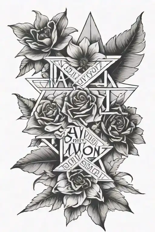 flowers, geometry, Latin inscription "I came, I saw, I won" tattoo design idea