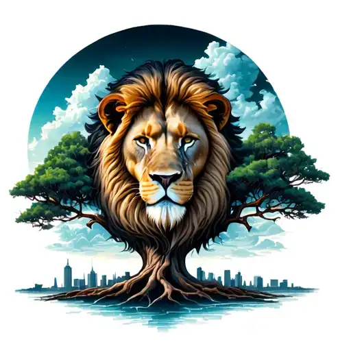 African tree of life tattoo design featuring a a skyline and lion head in the background  tattoo design idea