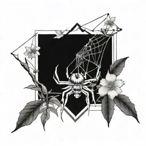 A tattoo design featuring a spider weaving its web among a variety of plants and flowers, with arrows intertwined in the background tattoo design idea