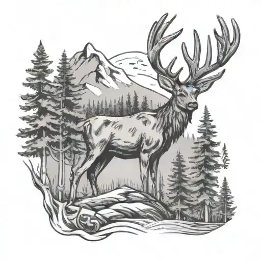mountain deer head with trees tattoo design idea