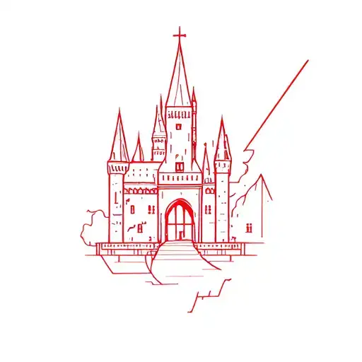 red ink engineer castle silhouette tattoo design idea