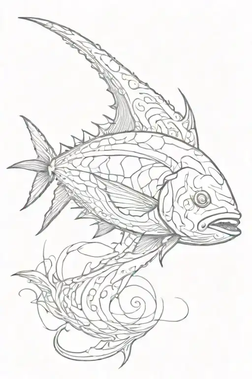 minimalist tuna fish tail bone outline tattoo design idea