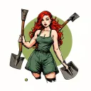 Create me a humorous image of a woman with red hair, holding garden shovels in her hand tattoo design idea