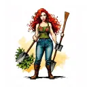 Create me a humorous image of a woman with red hair, holding garden shovels in her hand tattoo design idea