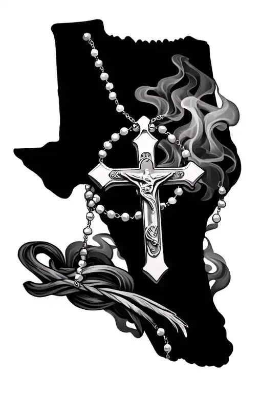 Rosary necklace wrapped around Texas smoke back ground tattoo design idea