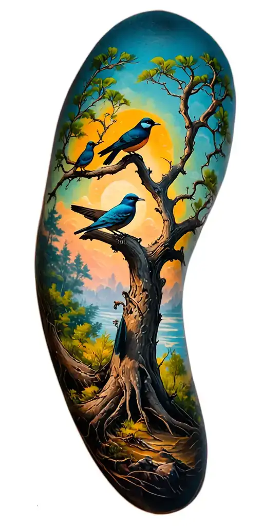 tree with 3 birds tattoo design idea