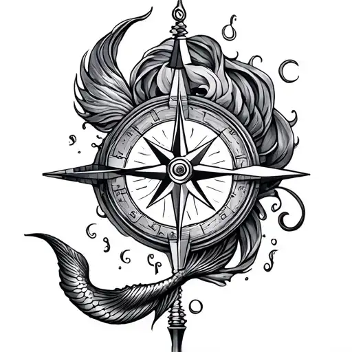 compass with mermaid tail intertwined tattoo design idea